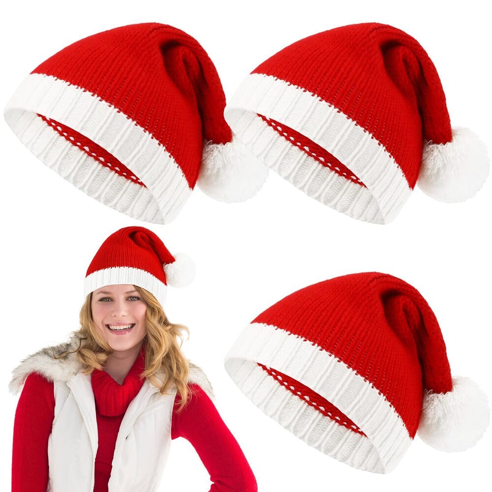 9390 3 Pcs Santa Hat Christmas Hats Knitted Red Beanie for Xmas Adult